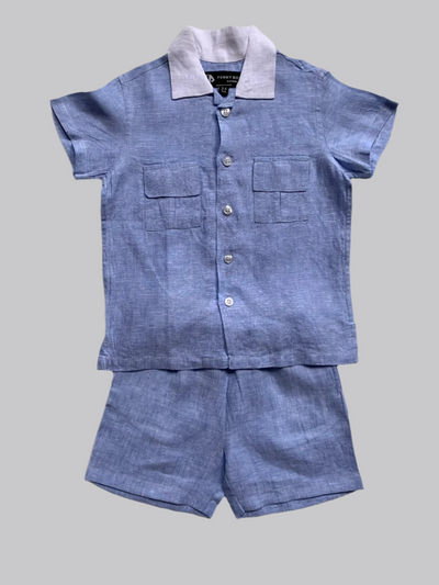Classic Unisex Blue White Collared Shirt & Shorts Set - Funny Bones Clothings