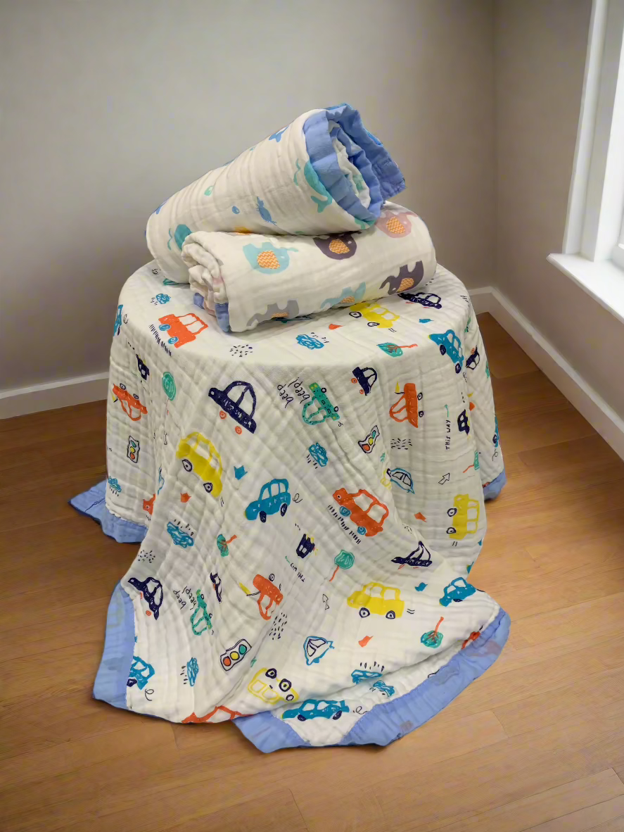 Car Print 100% Soft Cotton Muslin Blanket (Pack of 1) - Funny Bones Clothings