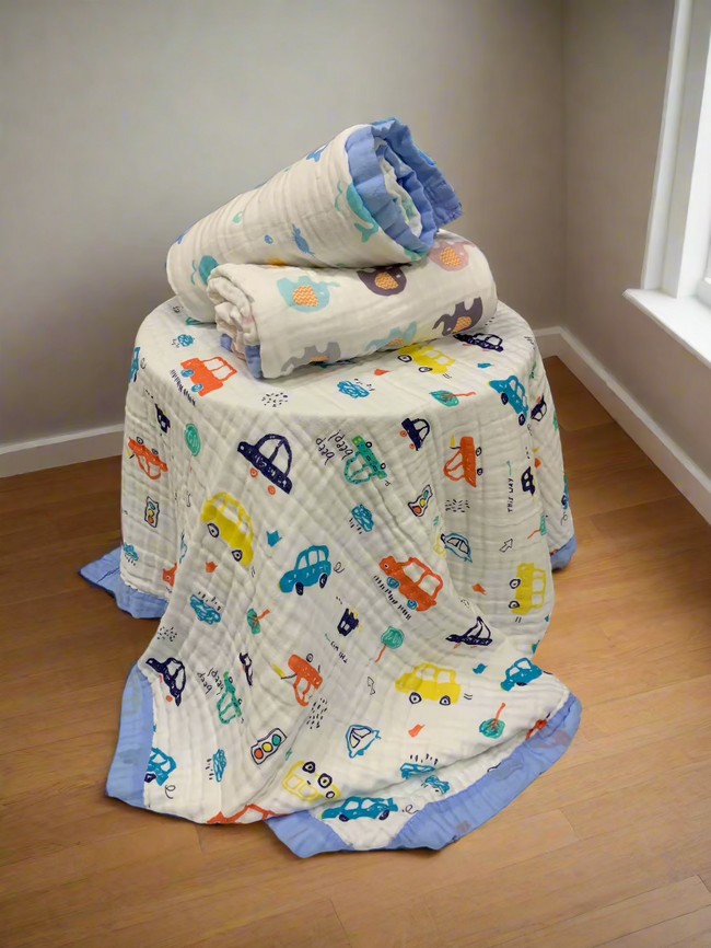 Car Print 100% Soft Cotton Muslin Blanket (Pack of 1) - Funny Bones Clothings