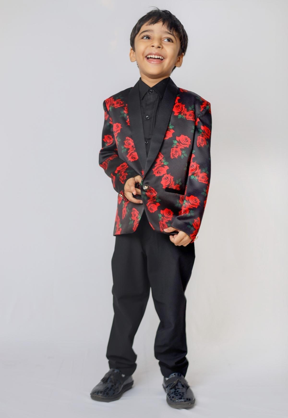 Red Rose Printed Satin Blazer Set - Funny Bones Clothings