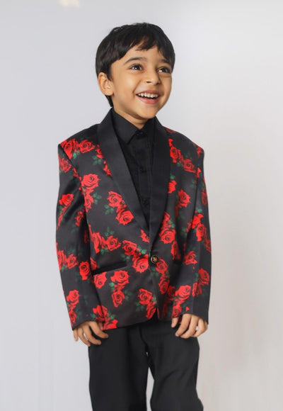 Red Rose Printed Satin Blazer Only - Funny Bones Clothings
