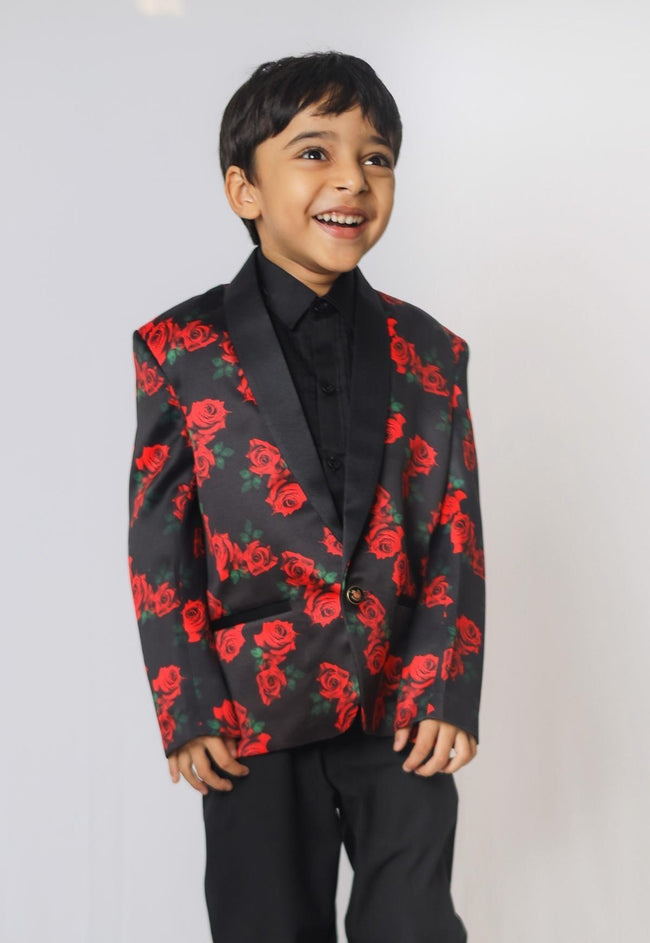 Red Rose Printed Satin Blazer Only - Funny Bones Clothings
