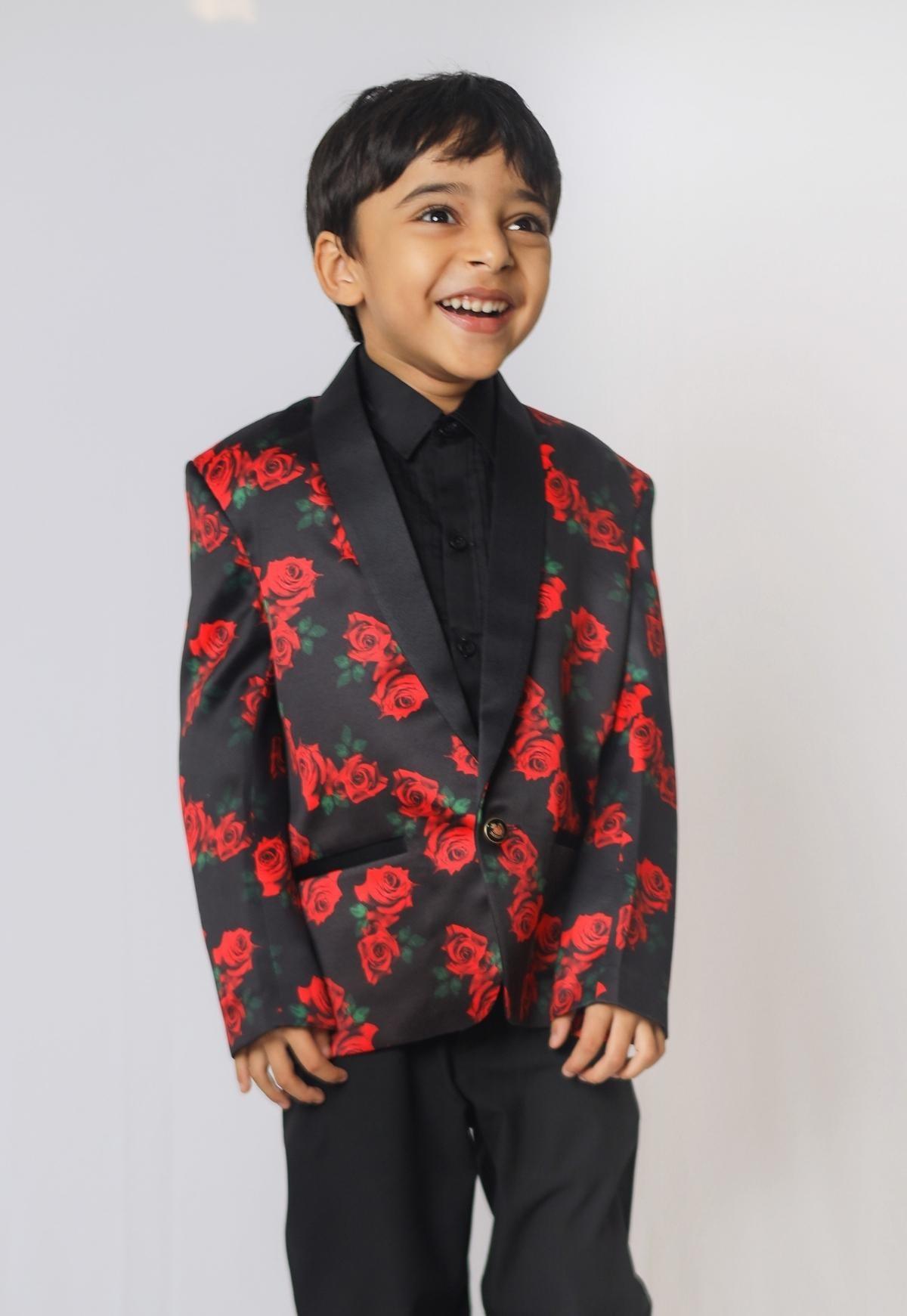 Red Rose Printed Satin Blazer Set - Funny Bones Clothings