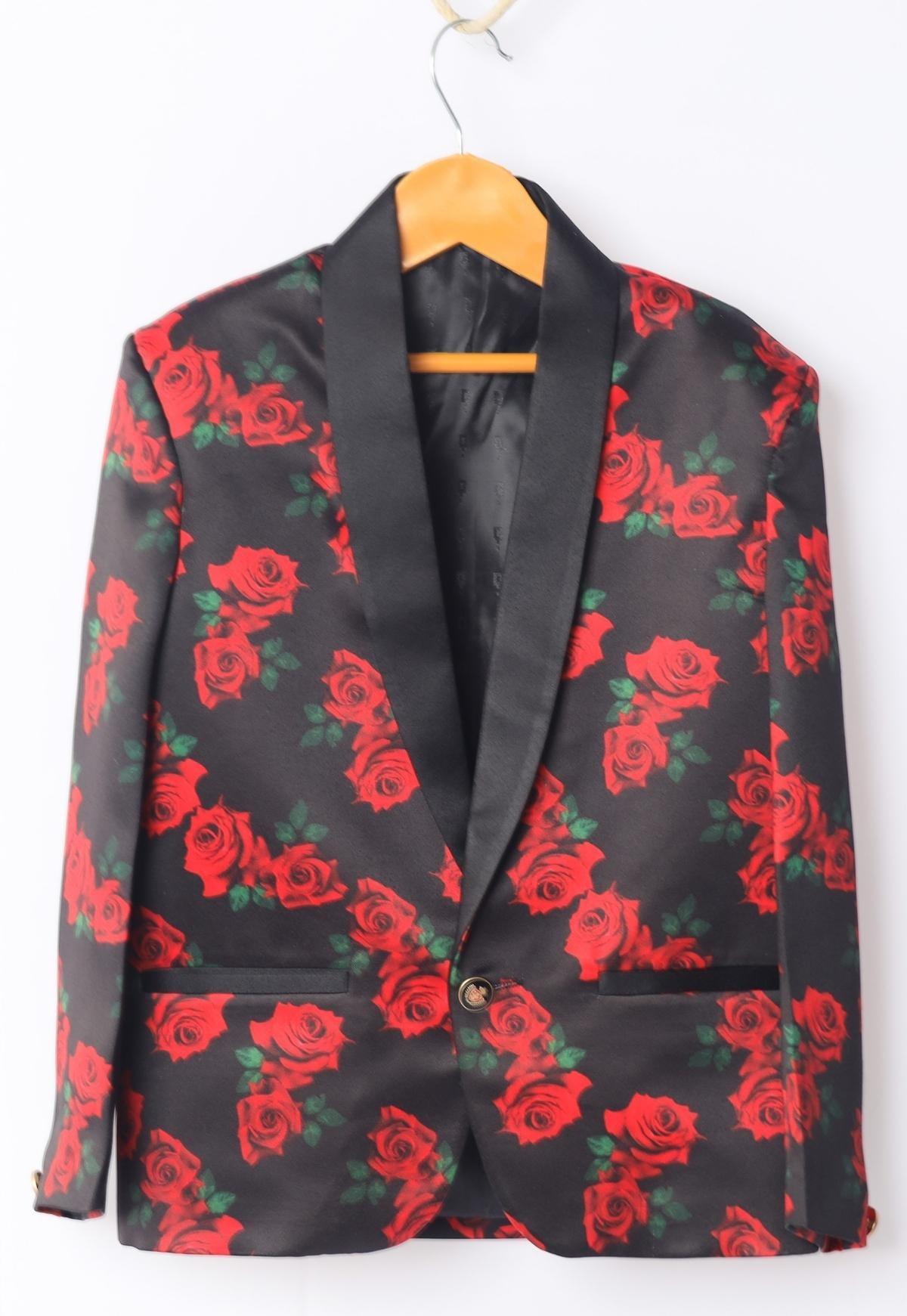 Red Rose Printed Satin Blazer Set - Funny Bones Clothings