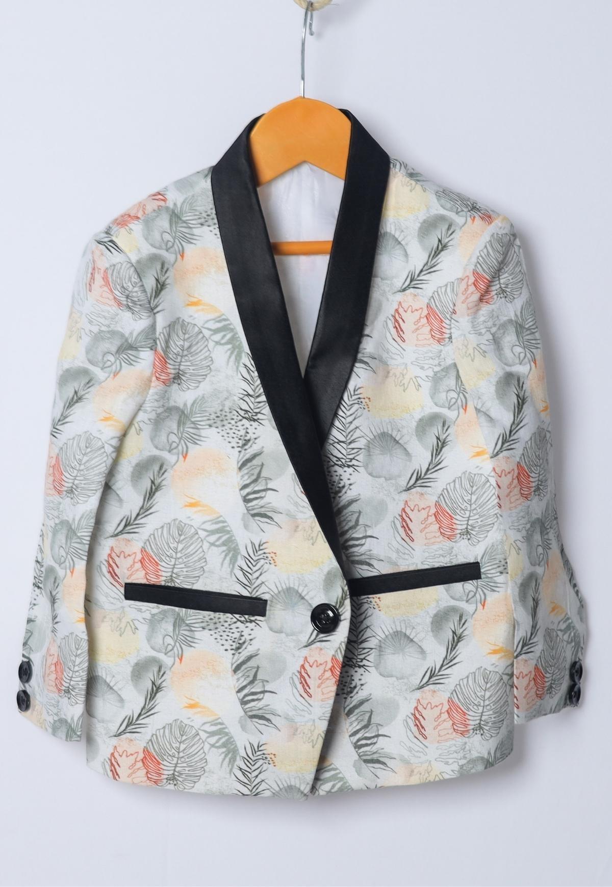 Grey Leaves Printed Pure Linen Blazer Set - Funny Bones Clothings