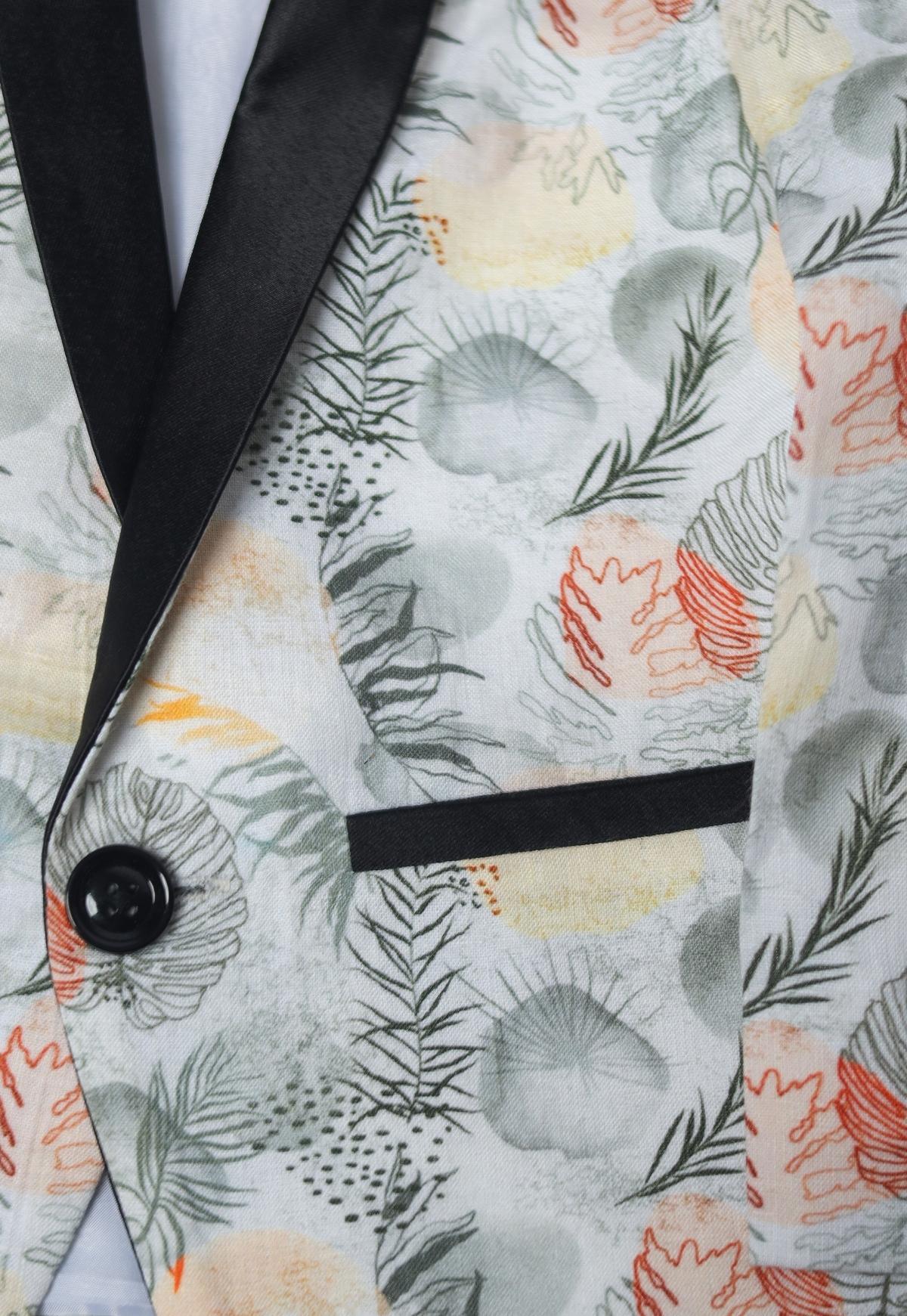 Grey Leaves Printed Pure Linen Blazer Set - Funny Bones Clothings