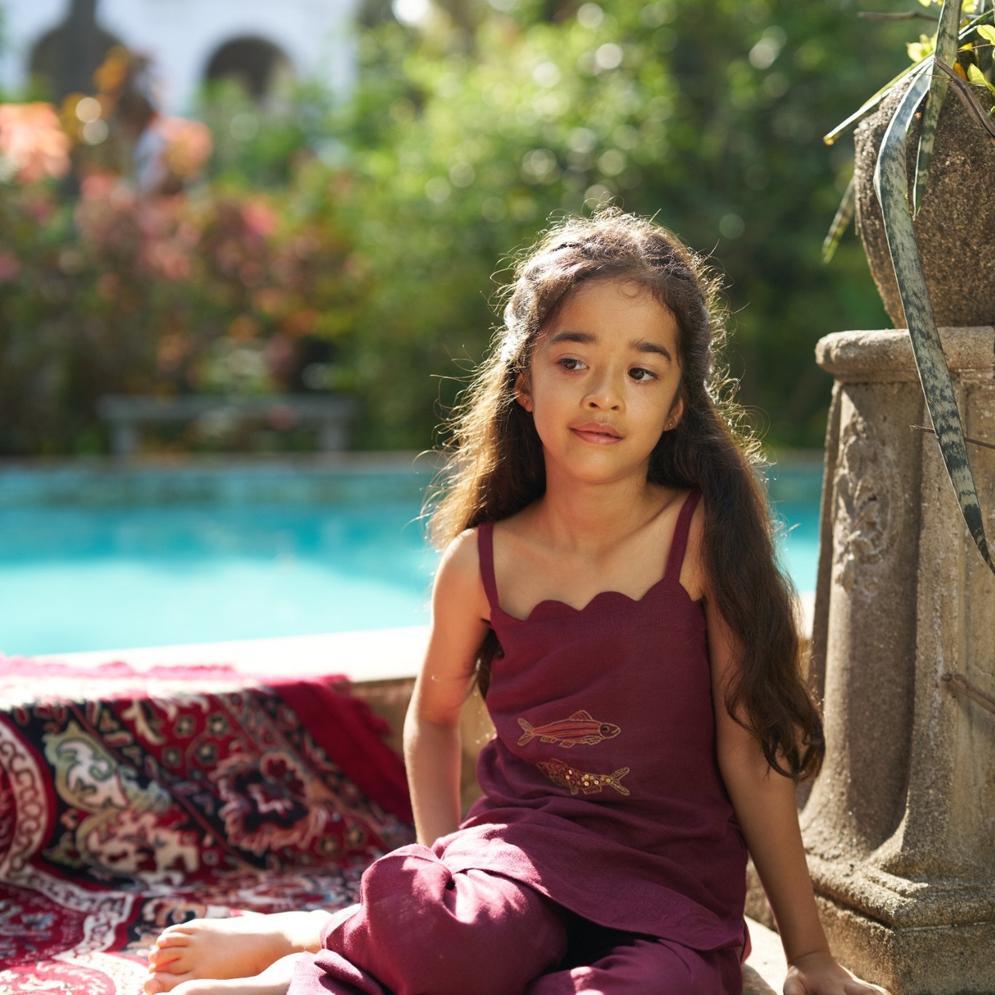 Indian girl wearing the Golden Koi kurti palazzo set in Pure Linen, Deep Wine — FunnyBones.in Mehfil '26 festive collection.