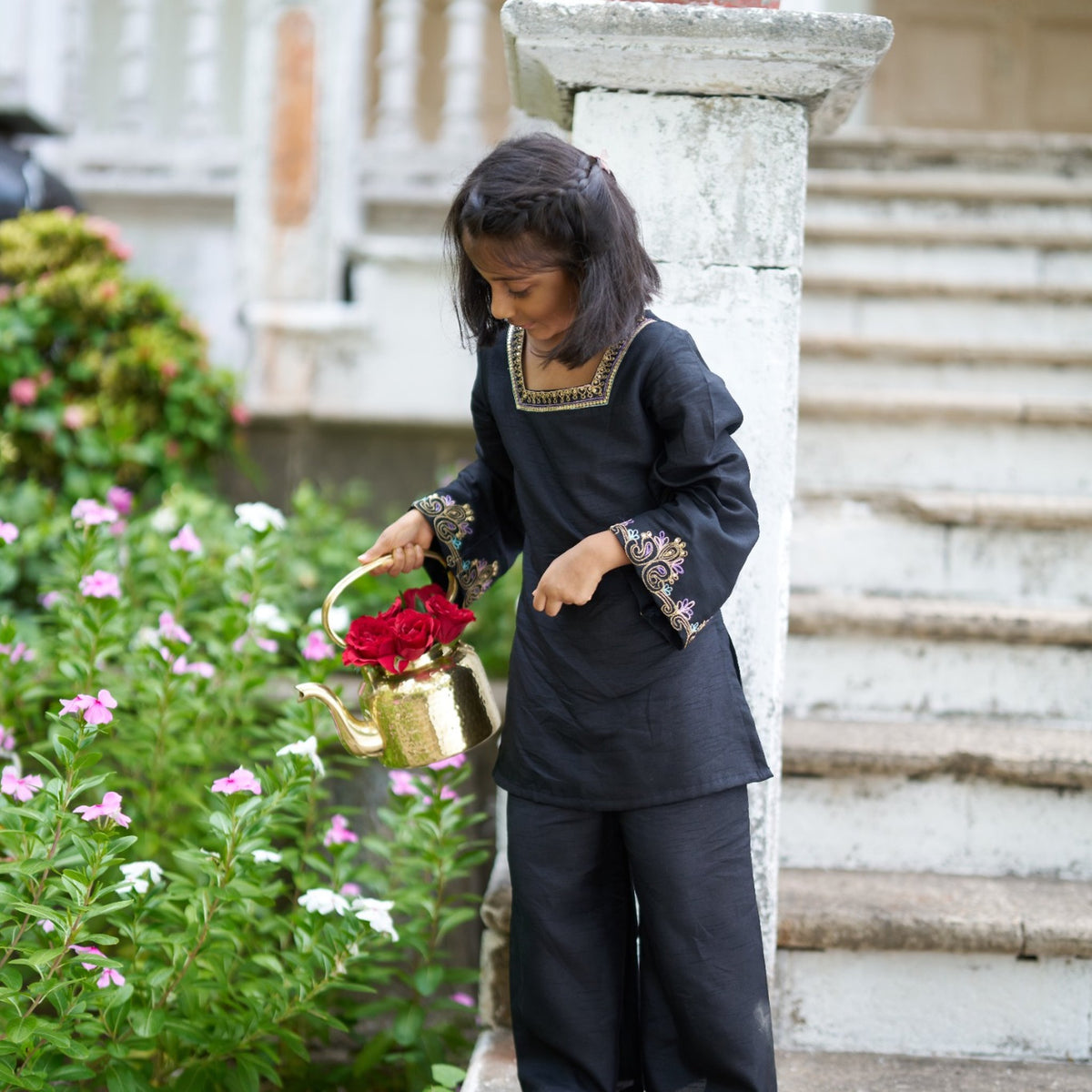 Indian girl wearing the Shahzadi kurta palazzo set in Pure Soft Silk, Jet Black — FunnyBones.in Mehfil '26 festive collection.