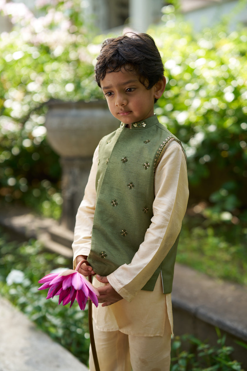 Wild Kingdom BoysPure Silk Koti Kurta Pajama Set