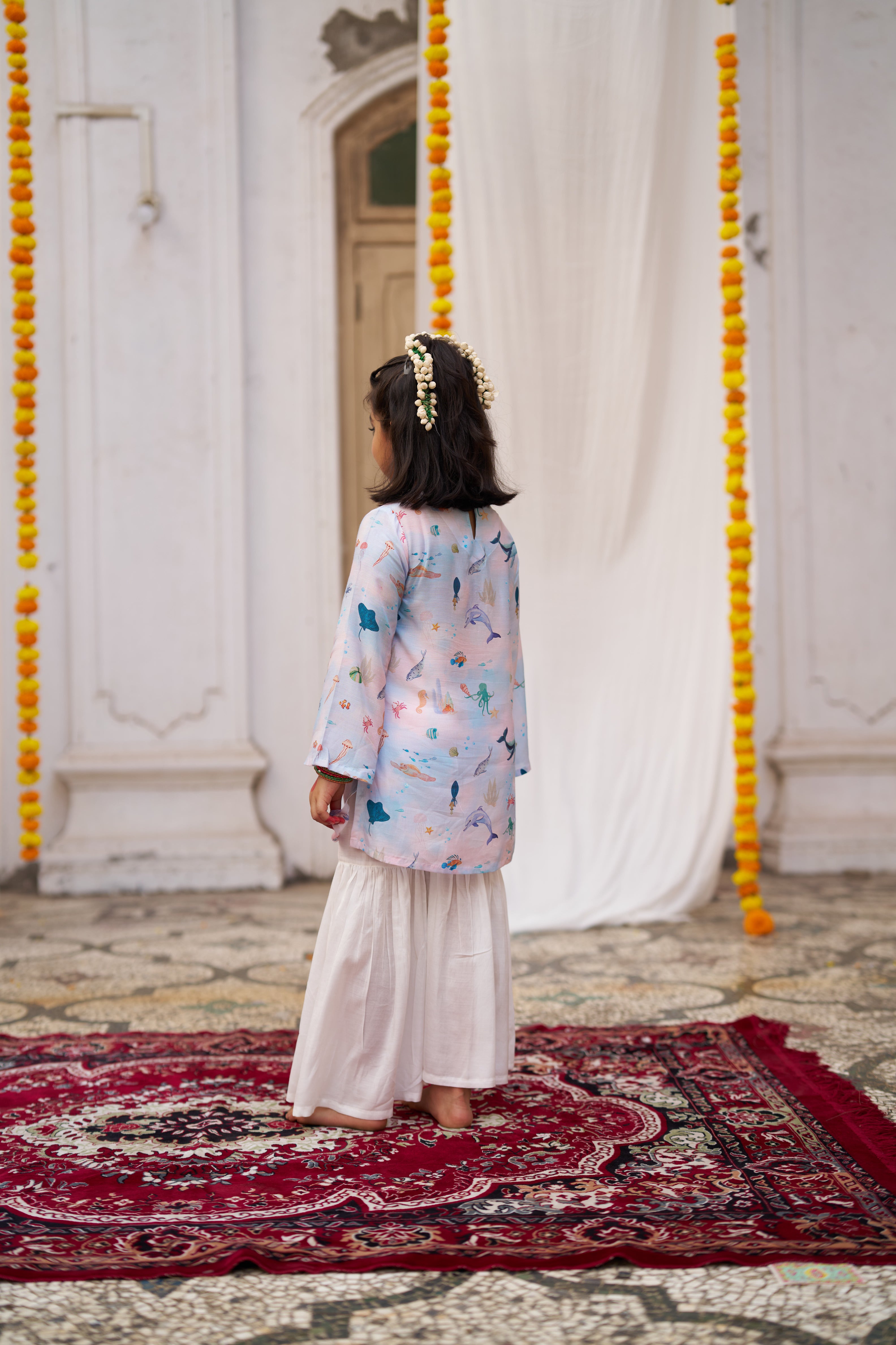 Ocean Whisper Girls Pure Muslin Silk  Kurti Sharara Set