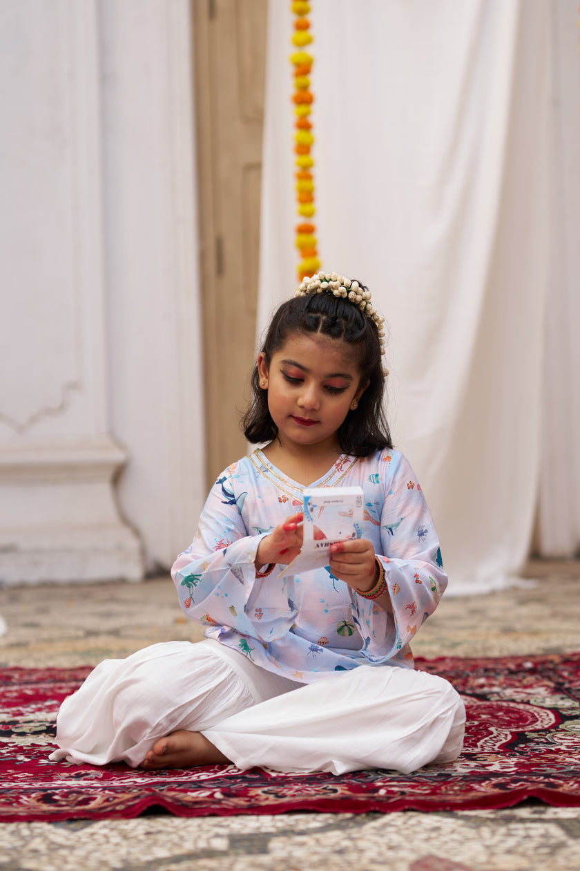 Ocean Whisper Girls Pure Muslin Silk  Kurti Sharara Set