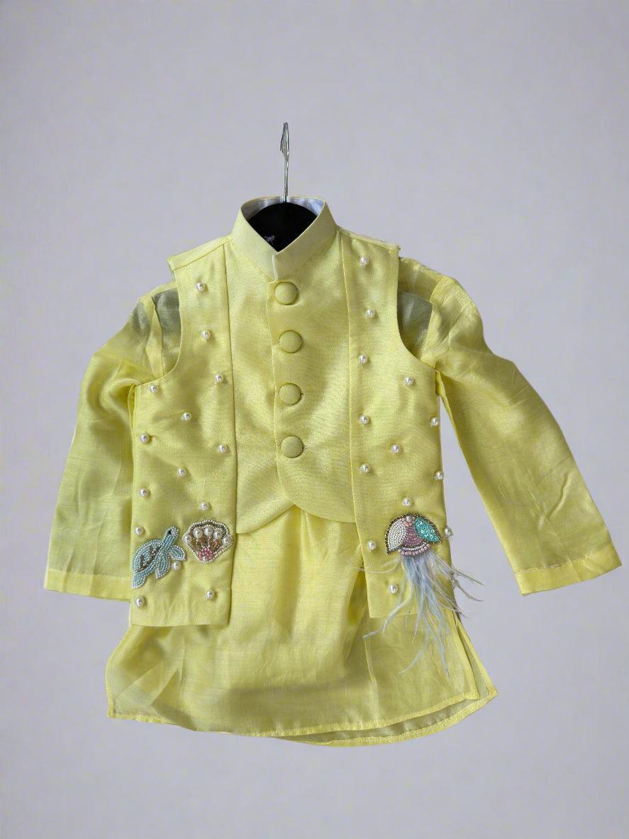Pearls embedded Waterlife Pure Muslin Silk Koti Kurta Pajama Set - Funny Bones Clothings