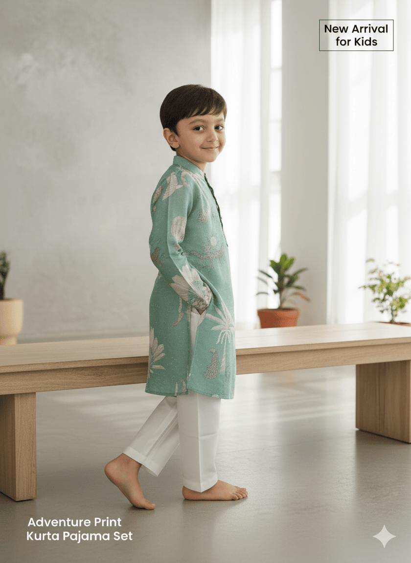 Adventure Print Pure Silk Kurta Pajama Set - Funny Bones Clothings