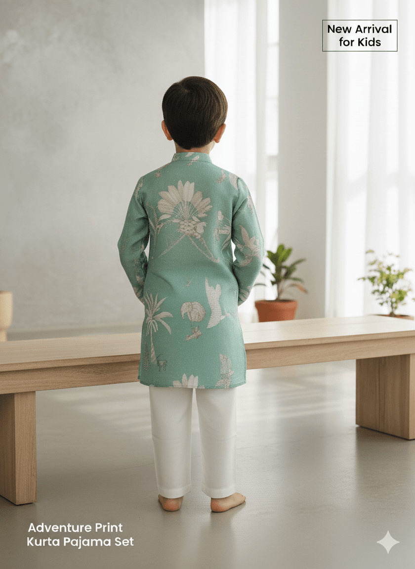 Adventure Print Pure Silk Kurta Pajama Set - Funny Bones Clothings