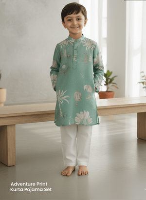 Adventure Print Pure Silk Kurta Pajama Set - Funny Bones Clothings
