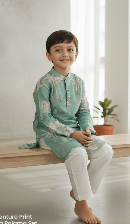 Adventure Print Pure Silk Kurta Pajama Set - Funny Bones Clothings
