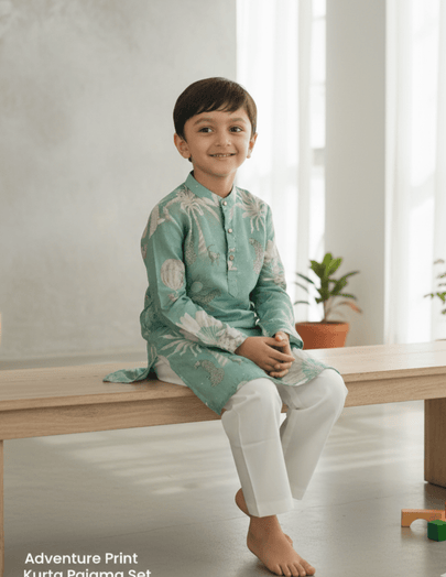 Adventure Print Pure Silk Kurta Pajama Set - Funny Bones Clothings