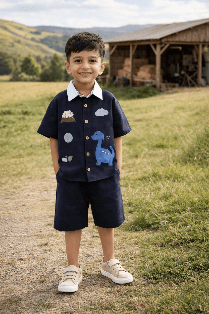 Ancient Valley Appliqué Handwork Premium Linen Coord Set - Dark Blue - Funny Bones Clothings