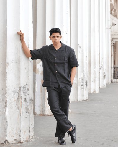Solid Colour Pure Linen Co-ord Sets - Black - Funny Bones Clothings