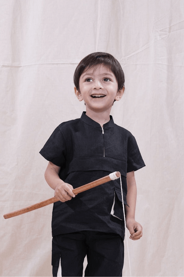 Box Pleated Black Color Pure Linen Shirt - Funny Bones Clothings