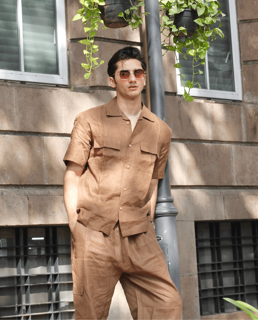 Solid Colour Pure Linen Co-ord Sets - Brown - Funny Bones Clothings