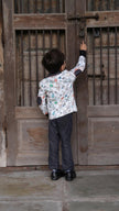 Camera Cycle Printed Tuxedo Blazer Set with Pure Cotton Shirt and Linen Pants Set with Complimentory Bow - Funny Bones Clothings