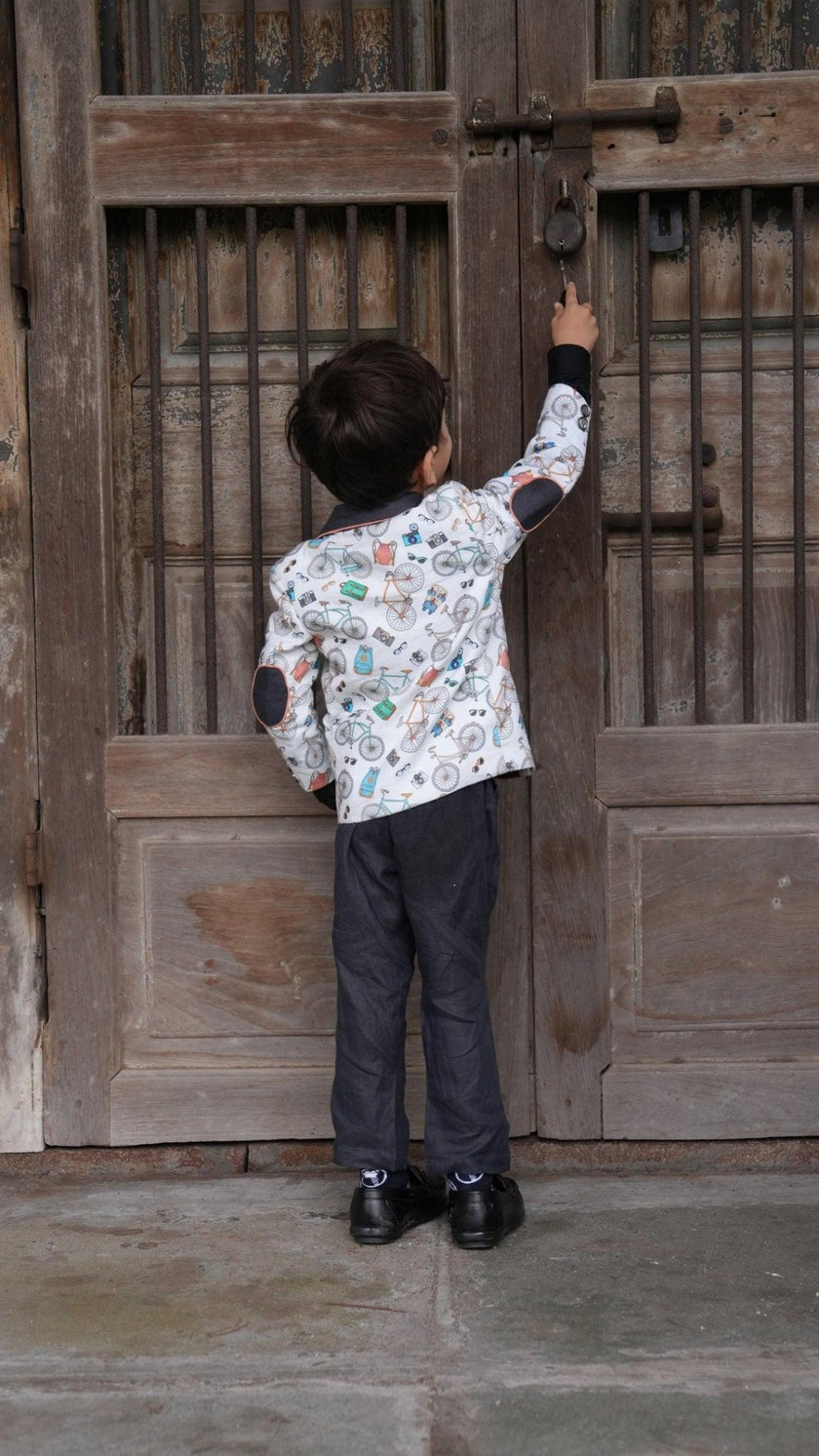 Camera Cycle Printed Tuxedo Blazer Set with Pure Cotton Shirt and Linen Pants Set with Complimentory Bow - Funny Bones Clothings