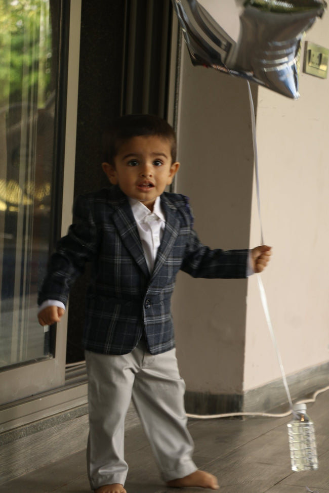 Classic Checkered Wool Blazer Set - Blue - Funny Bones Clothings