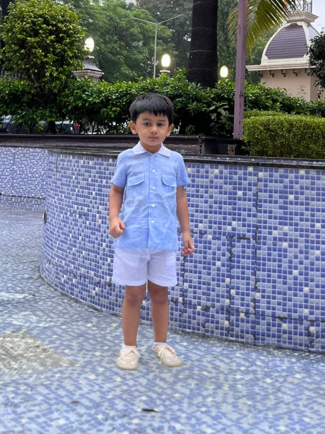 Classic Unisex Blue White Collared Shirt & White Shorts Set - Funny Bones Clothings