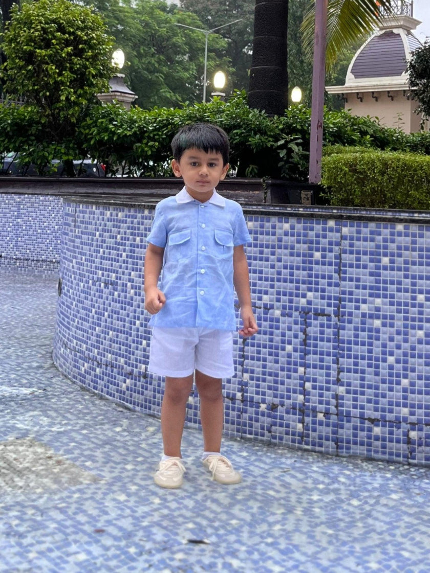Classic Unisex Blue White Collared Shirt & White Shorts Set - Funny Bones Clothings
