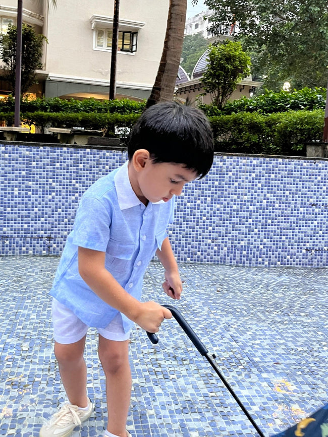 Classic Unisex Blue White Collared Shirt & White Shorts Set - Funny Bones Clothings