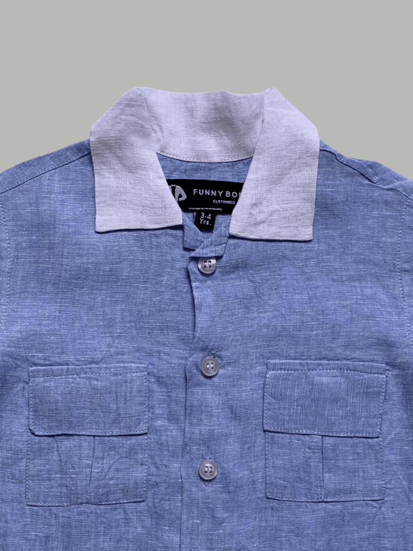 Classic Unisex White Collar Blue Color Pure Linen Shirt - Funny Bones Clothings