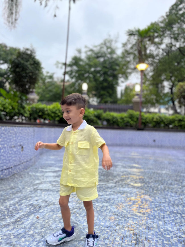 Classic Unisex Yellow White Collared Shirt & Shorts Set - Funny Bones Clothings