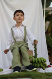 Country Chic Pure Linen Shirt Pants Suspendor Outfit Set - Olive Green Colour - Funny Bones Clothings