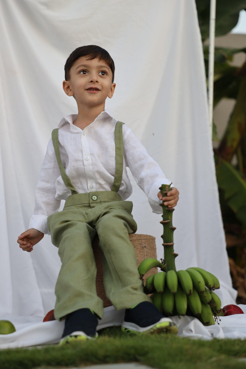Country Chic Pure Linen Shirt Pants Suspendor Outfit Set - Olive Green Colour - Funny Bones Clothings