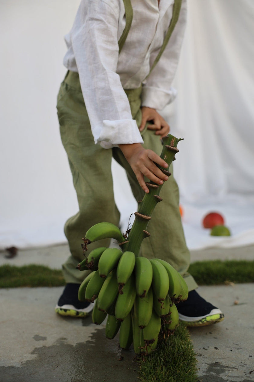 Country Chic Pure Linen Shirt Pants Suspendor Outfit Set - Olive Green Colour - Funny Bones Clothings