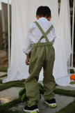 Country Chic Pure Linen Shirt Pants Suspendor Outfit Set - Olive Green Colour - Funny Bones Clothings