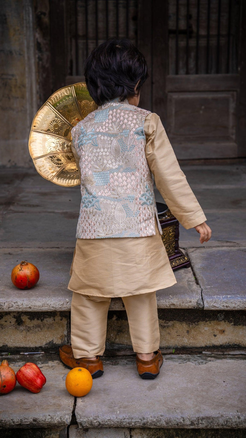 Deer Work Koti with Premium Silk Kurta Pajama Set - Funny Bones Clothings
