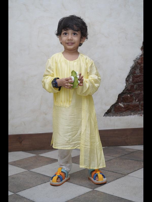 Designer Pleats Pure Muslin Silk Kurta Pyjama Set - Yellow Color - Funny Bones Clothings