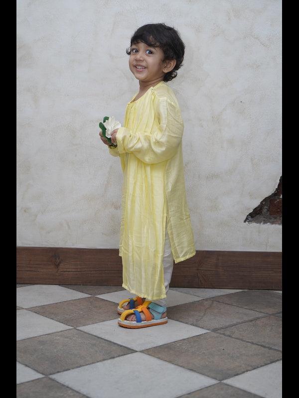 Designer Pleats Pure Muslin Silk Kurta Pyjama Set - Yellow Color - Funny Bones Clothings
