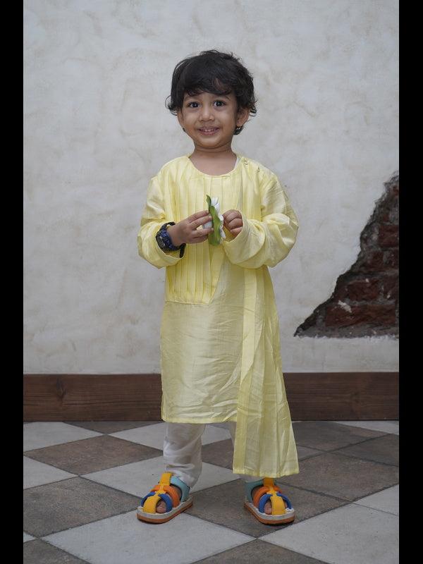 Designer Pleats Pure Muslin Silk Kurta Pyjama Set - Yellow Color - Funny Bones Clothings