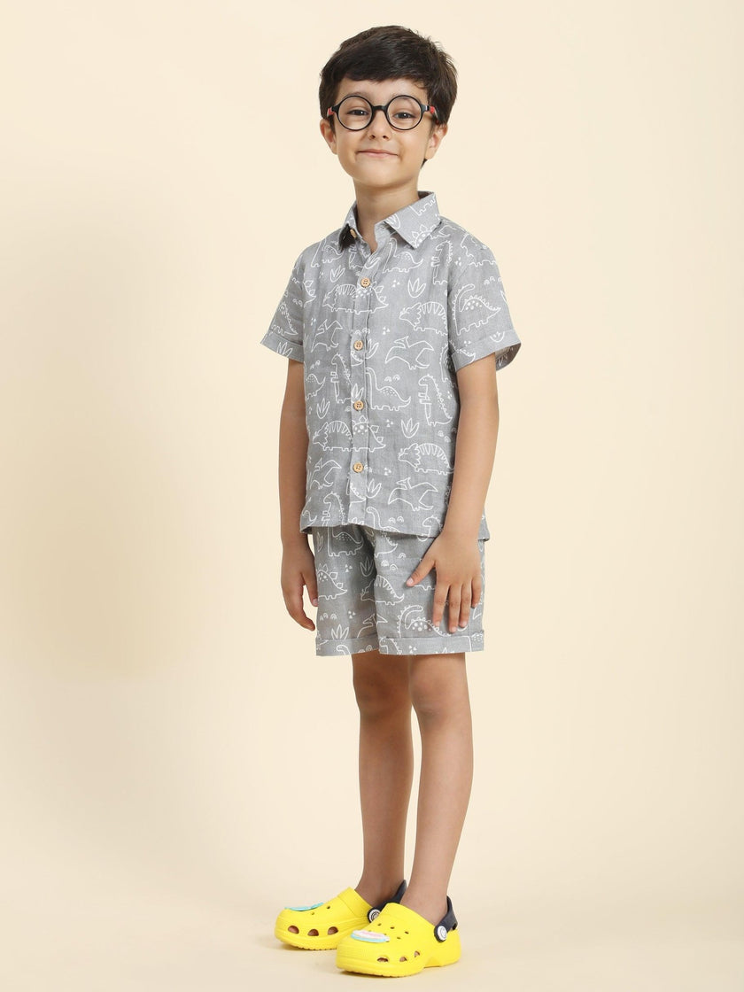 Dino Printed Pure Linen Premium Co-ords - Funny Bones Clothings