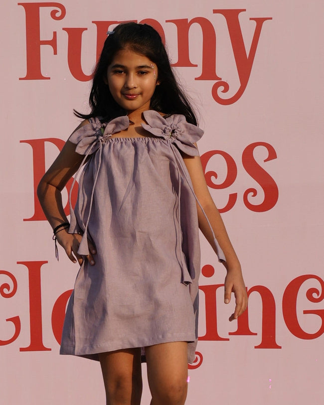 Dove Grey Blossom Frock Solid Premium Linen Dress - Funny Bones Clothings