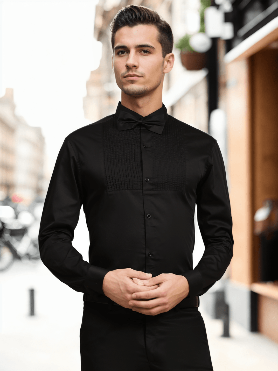 Half Pintex Tuxedo Shirt 100% Premium Cotton Satin for Men (Black Colour) - Funny Bones Clothings