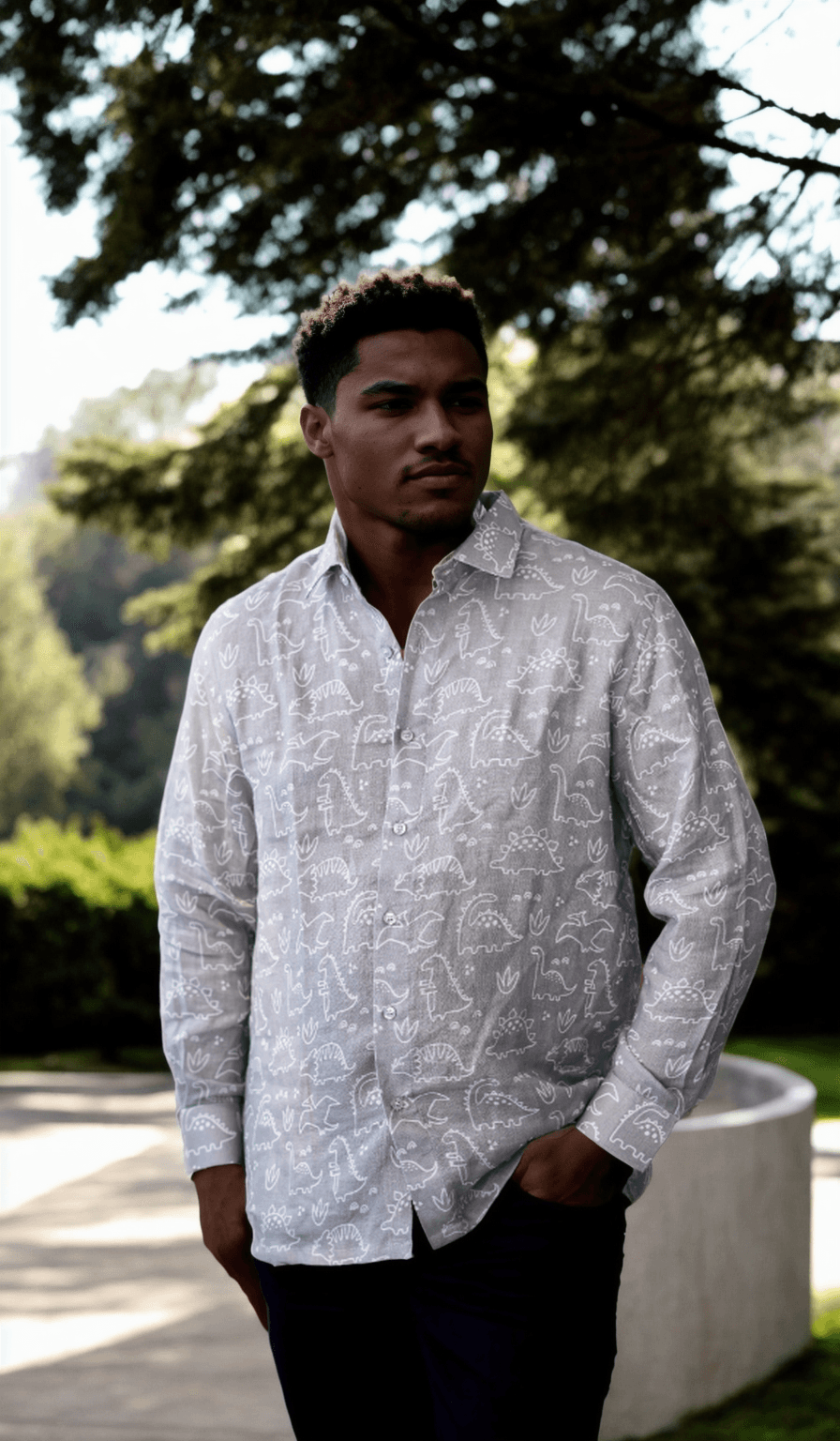 Dino Print Pure Linen Shirts - Funny Bones Clothings