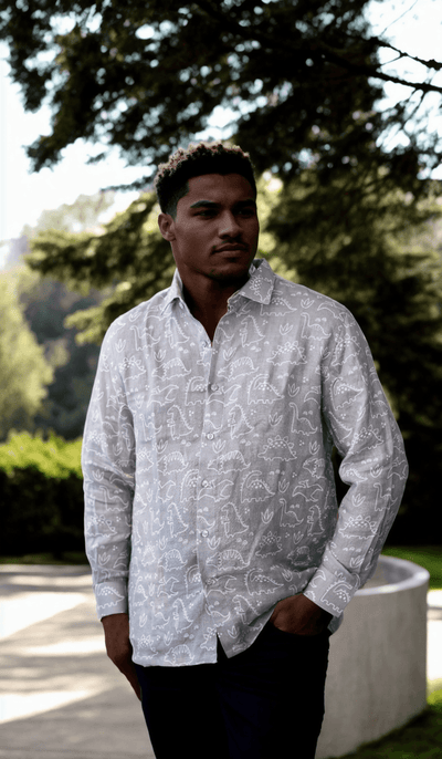 Dino Print Pure Linen Shirts - Funny Bones Clothings