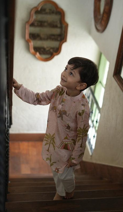 Elephant In Circus Print Pure Muslin Silk Kurta Pajama Set - Funny Bones Clothings