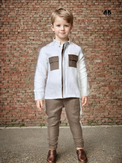 Pocketed Style White Brown Color Shirt Linen
