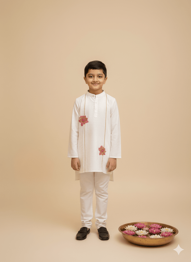 Festival of Lotus Themed Handpainted Chanderi Kurta Pajama Set - Funny Bones Clothings