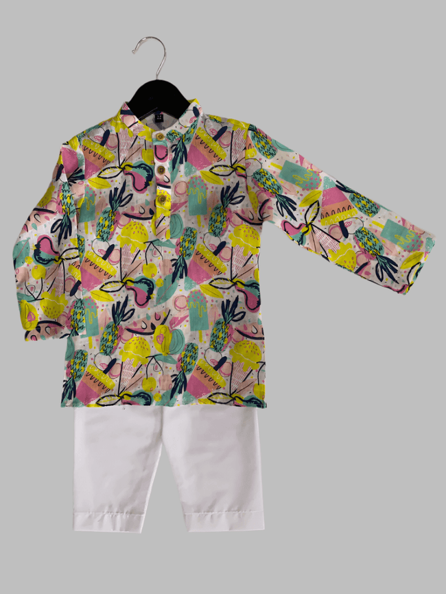 Fruit and Punch Printed Pure Linen Kurta Pure Cotton Pajama Set - Funny Bones Clothings
